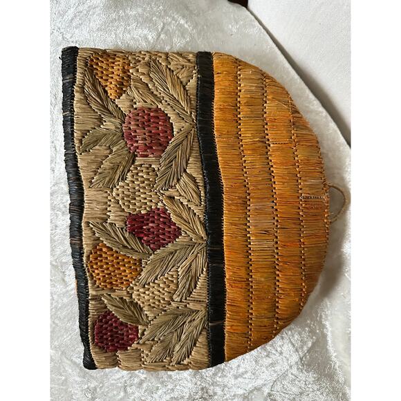 Raffia/Straw Tea Cozy raffia straw cottage Primitive Lined berry 10x8” - Picture 7 of 16